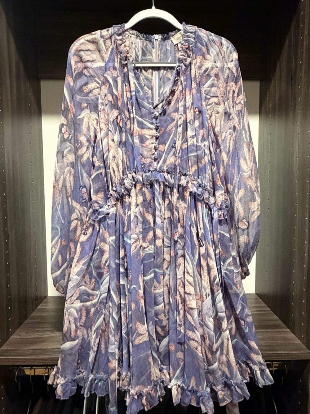 Zimmermann Silk Floral Tie-Waist Mini Dress in Lavender Blue